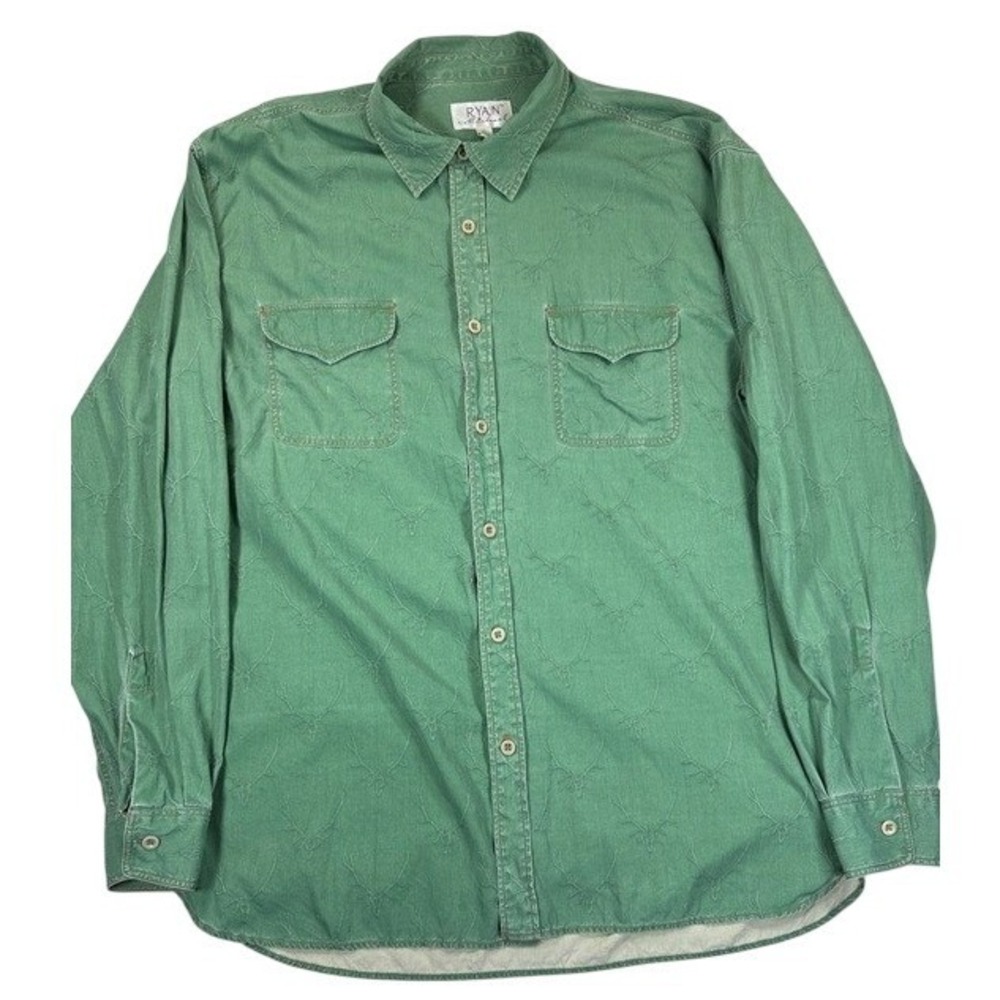 Ryan Michael Button Down Shirt Men Green Embroidered Deer Antler Silk Blend XL